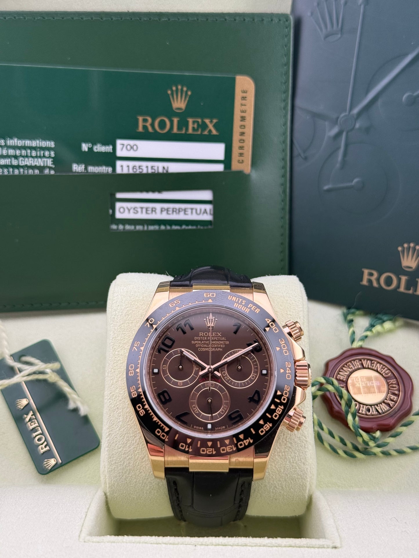 Rolex Daytona Chocolate Arabic Dial Rose Gold Leather Strap 116515LN
