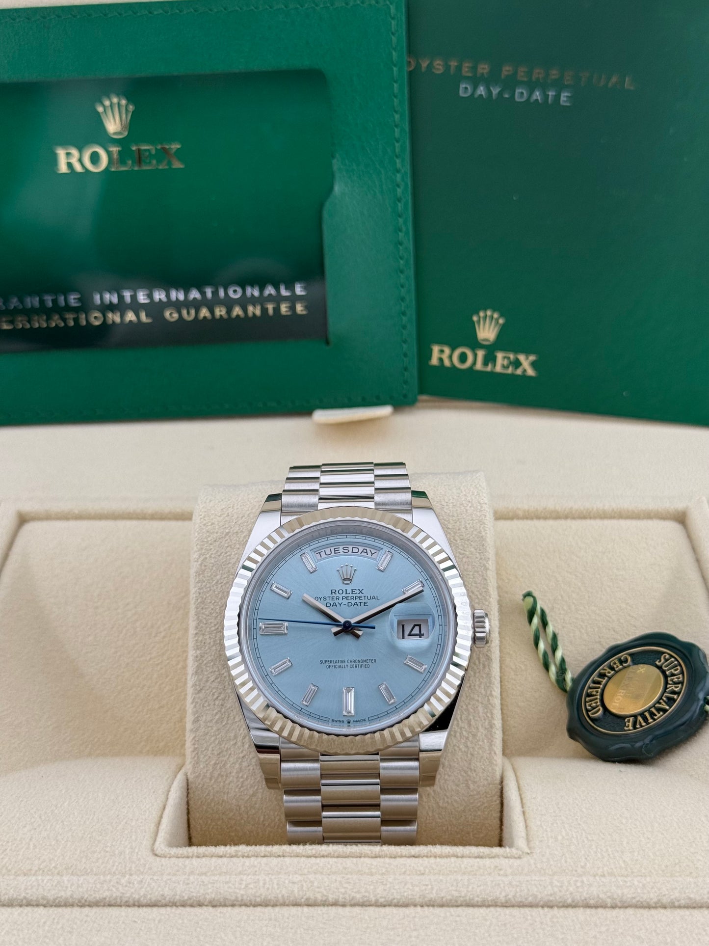 Rolex Day-Date 40 ref. 228236 Platinum with Ice blue Baguette dial